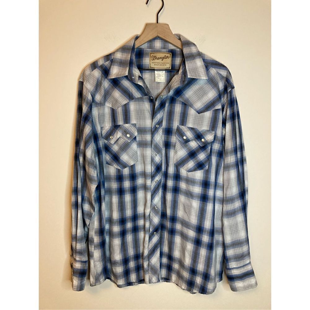 Wrangler Western Blue Plaid Pearl Snap Shirt Long Sleeve Button Up Mens Size XL